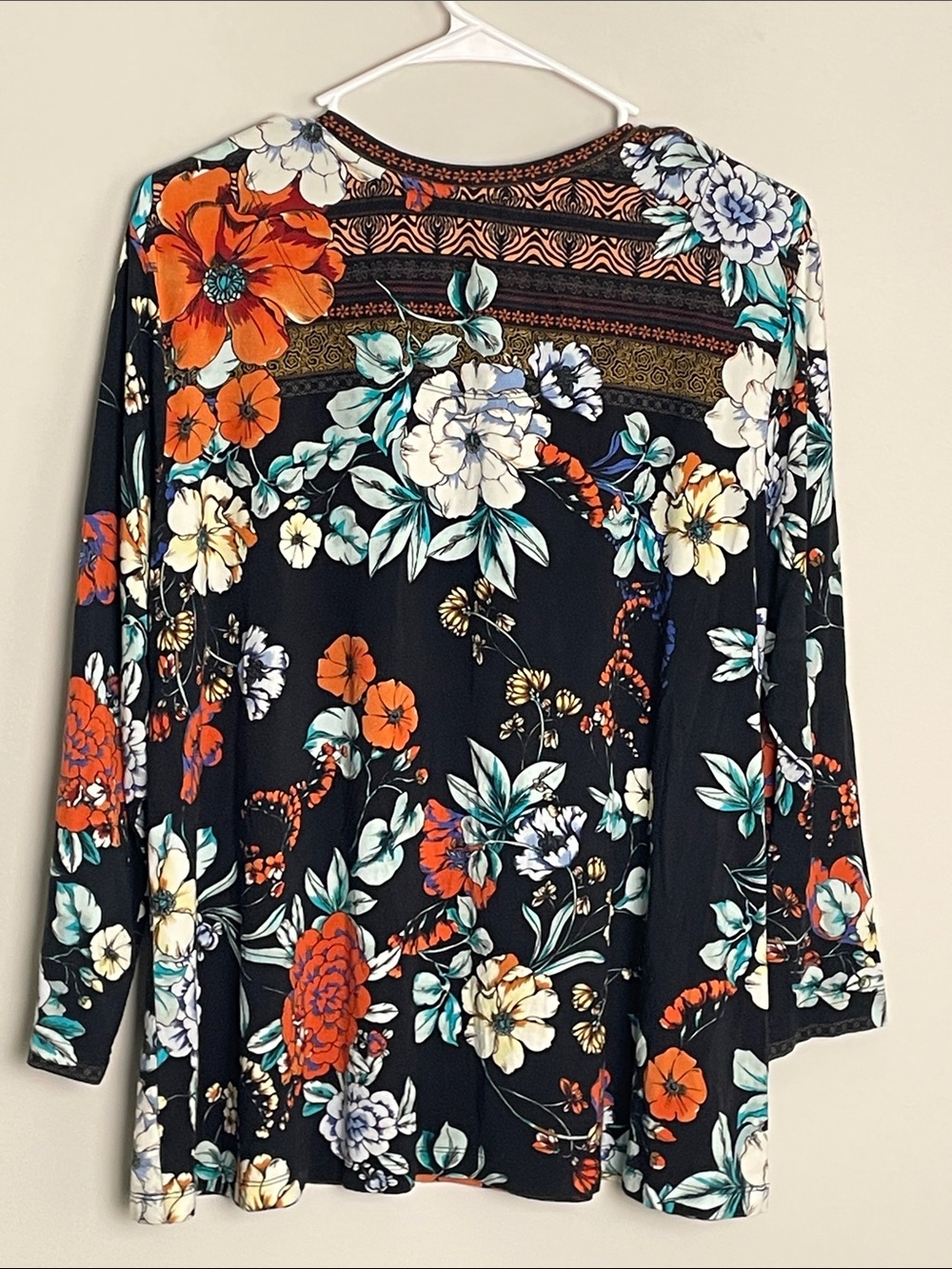 Johnny Was Black Floral V-Neck Blouse with Teal and Orange Accents - Picture 9 of 14